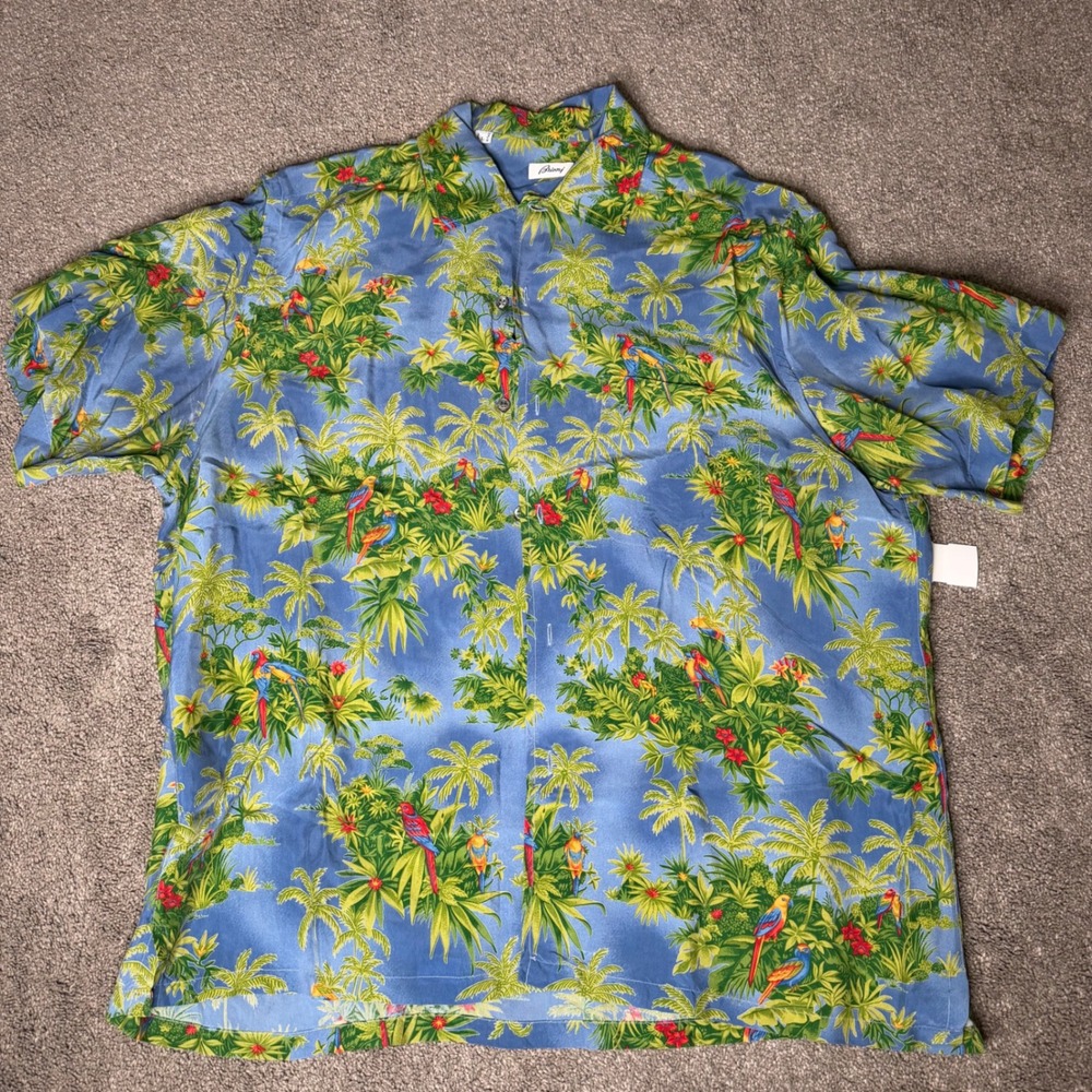 Brioni Men's Large L Blue‎ Tropical Parrot Rayon Short Sleeve Shirt Made Italy